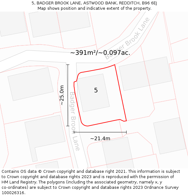 5, BADGER BROOK LANE, ASTWOOD BANK, REDDITCH, B96 6EJ: Plot and title map
