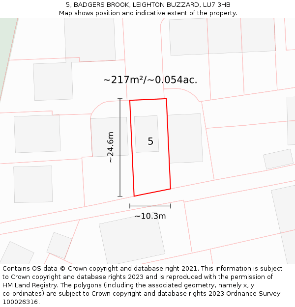 5, BADGERS BROOK, LEIGHTON BUZZARD, LU7 3HB: Plot and title map