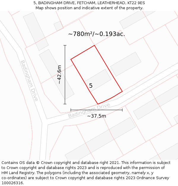 5, BADINGHAM DRIVE, FETCHAM, LEATHERHEAD, KT22 9ES: Plot and title map