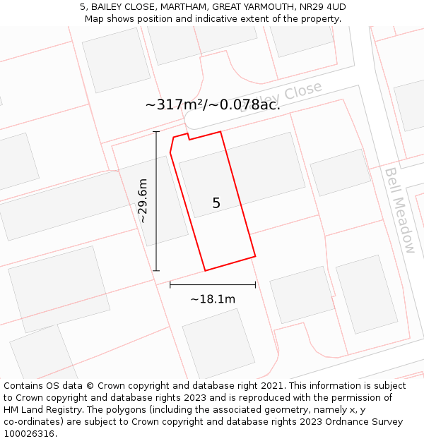 5, BAILEY CLOSE, MARTHAM, GREAT YARMOUTH, NR29 4UD: Plot and title map