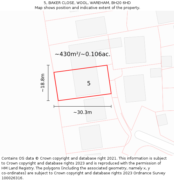 5, BAKER CLOSE, WOOL, WAREHAM, BH20 6HD: Plot and title map