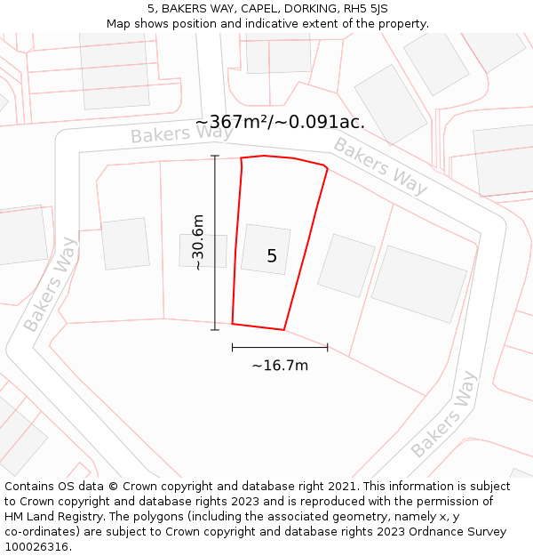 5, BAKERS WAY, CAPEL, DORKING, RH5 5JS: Plot and title map