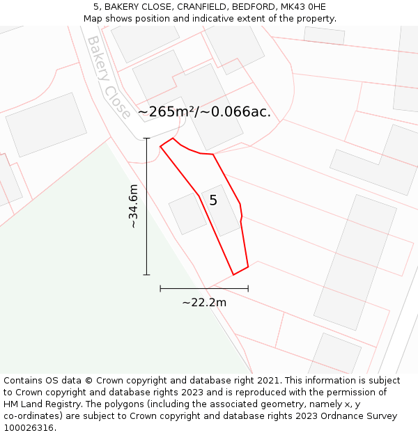 5, BAKERY CLOSE, CRANFIELD, BEDFORD, MK43 0HE: Plot and title map
