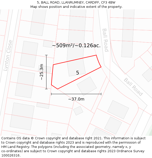5, BALL ROAD, LLANRUMNEY, CARDIFF, CF3 4BW: Plot and title map