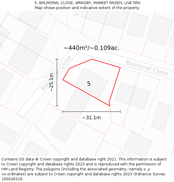 5, BALMORAL CLOSE, WRAGBY, MARKET RASEN, LN8 5RN: Plot and title map
