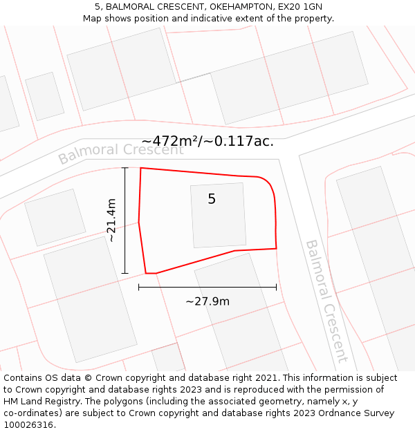 5, BALMORAL CRESCENT, OKEHAMPTON, EX20 1GN: Plot and title map