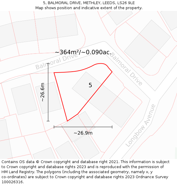 5, BALMORAL DRIVE, METHLEY, LEEDS, LS26 9LE: Plot and title map