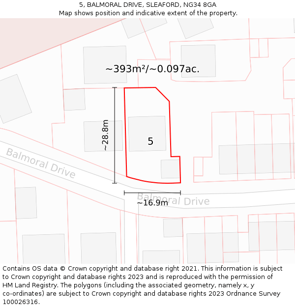 5, BALMORAL DRIVE, SLEAFORD, NG34 8GA: Plot and title map
