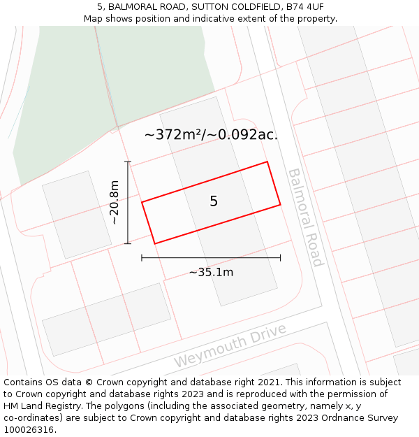 5, BALMORAL ROAD, SUTTON COLDFIELD, B74 4UF: Plot and title map