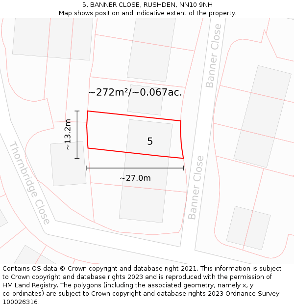 5, BANNER CLOSE, RUSHDEN, NN10 9NH: Plot and title map