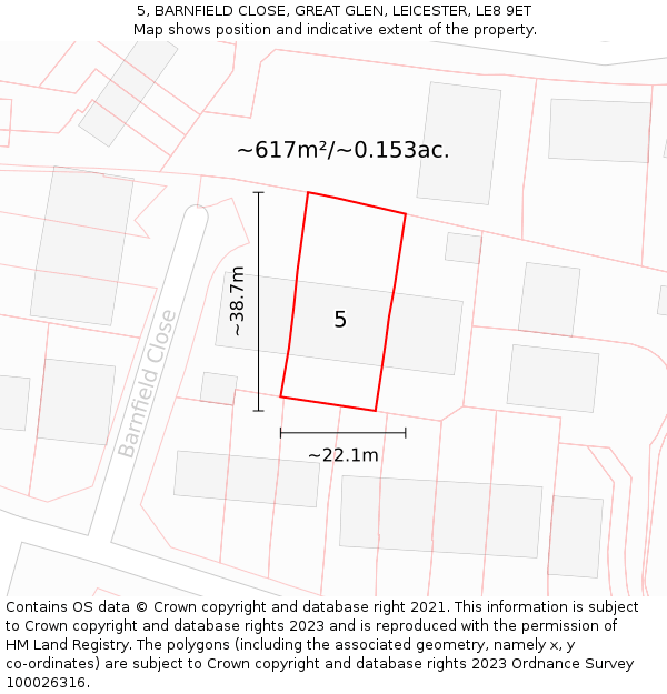 5, BARNFIELD CLOSE, GREAT GLEN, LEICESTER, LE8 9ET: Plot and title map