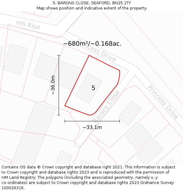 5, BARONS CLOSE, SEAFORD, BN25 2TY: Plot and title map