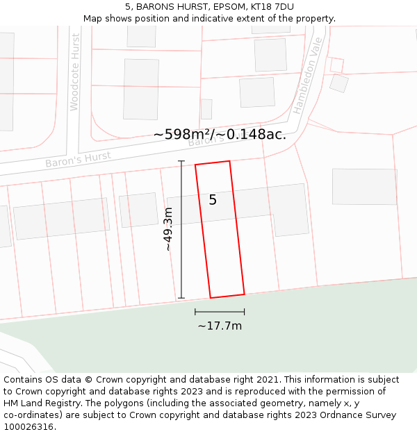 5, BARONS HURST, EPSOM, KT18 7DU: Plot and title map