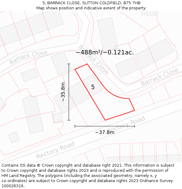 5, BARRACK CLOSE, SUTTON COLDFIELD, B75 7HB: Plot and title map