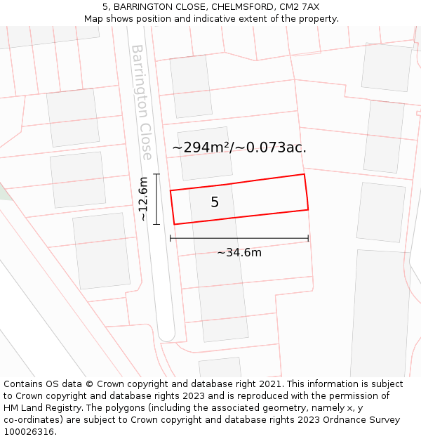 5, BARRINGTON CLOSE, CHELMSFORD, CM2 7AX: Plot and title map