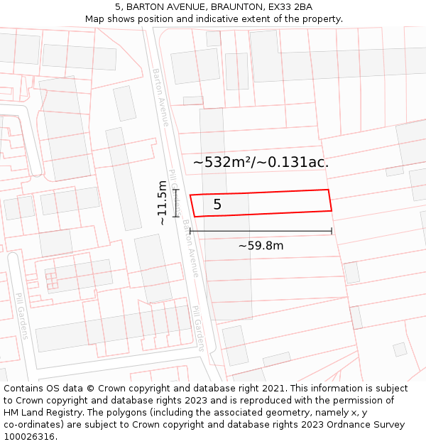 5, BARTON AVENUE, BRAUNTON, EX33 2BA: Plot and title map
