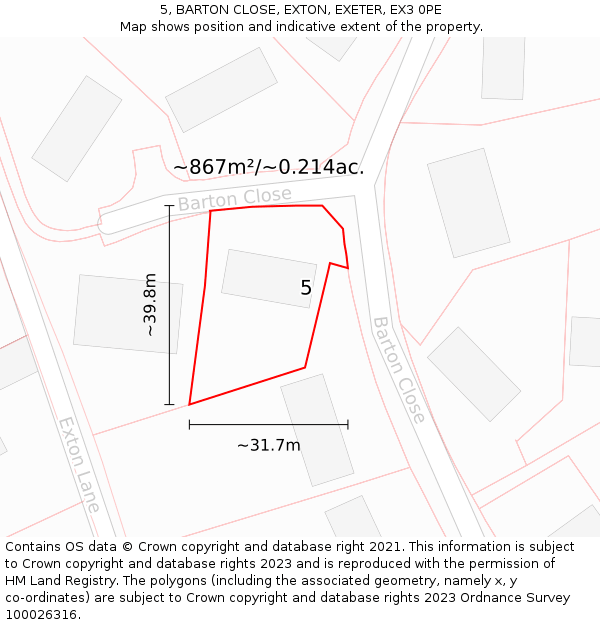 5, BARTON CLOSE, EXTON, EXETER, EX3 0PE: Plot and title map