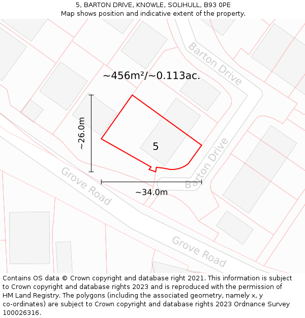 5, BARTON DRIVE, KNOWLE, SOLIHULL, B93 0PE: Plot and title map