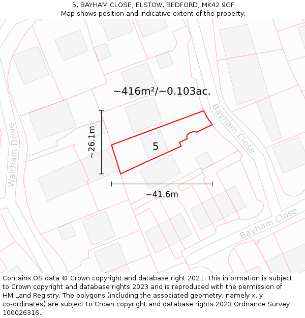5, BAYHAM CLOSE, ELSTOW, BEDFORD, MK42 9GF: Plot and title map