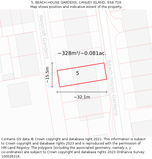 5, BEACH HOUSE GARDENS, CANVEY ISLAND, SS8 7DX: Plot and title map
