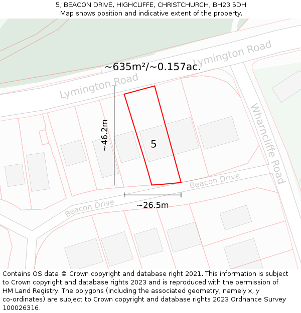 5, BEACON DRIVE, HIGHCLIFFE, CHRISTCHURCH, BH23 5DH: Plot and title map