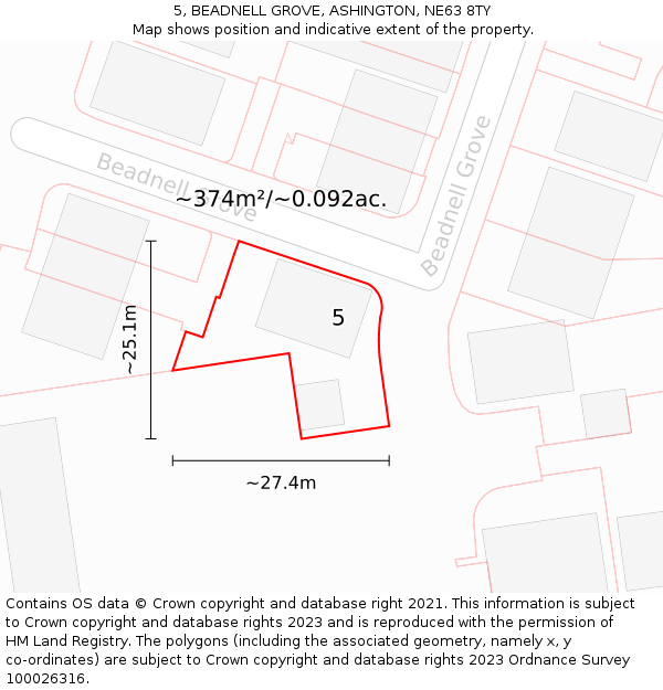 5, BEADNELL GROVE, ASHINGTON, NE63 8TY: Plot and title map