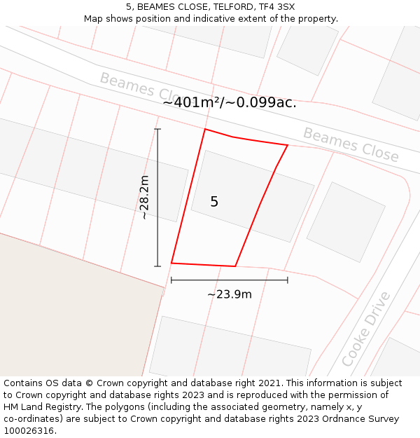 5, BEAMES CLOSE, TELFORD, TF4 3SX: Plot and title map