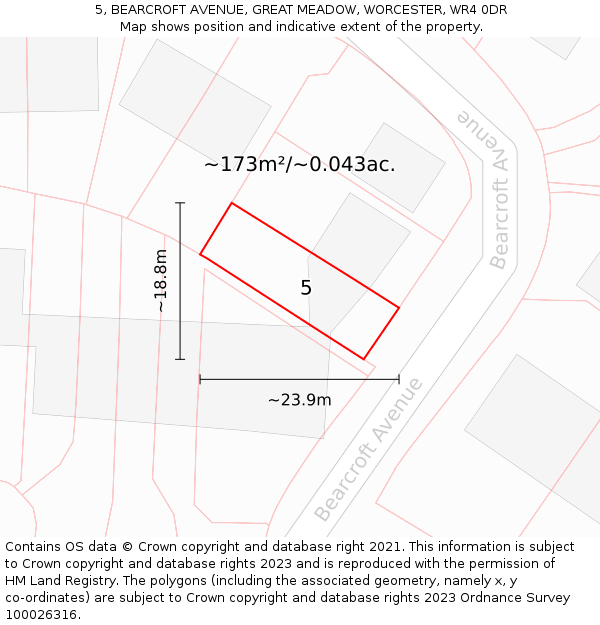 5, BEARCROFT AVENUE, GREAT MEADOW, WORCESTER, WR4 0DR: Plot and title map