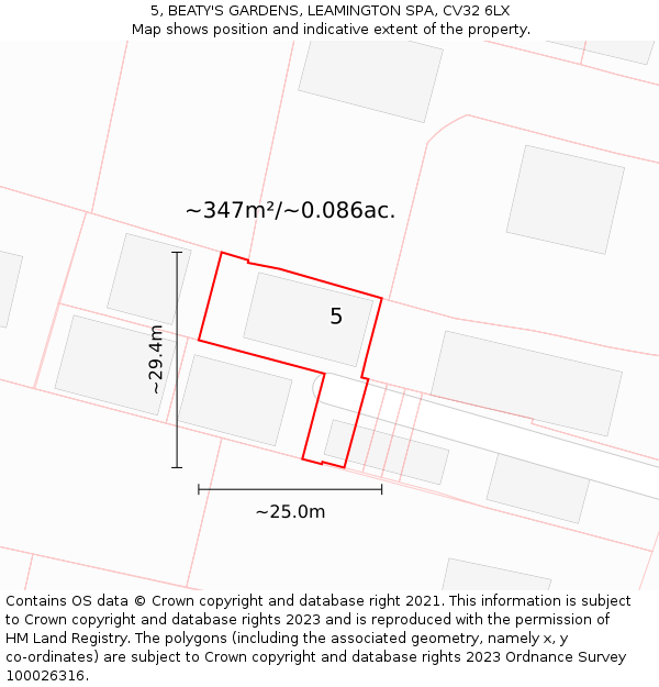 5, BEATY'S GARDENS, LEAMINGTON SPA, CV32 6LX: Plot and title map