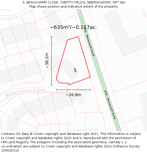 5, BEAUCHAMP CLOSE, YSBYTTY FIELDS, ABERGAVENNY, NP7 9JH: Plot and title map