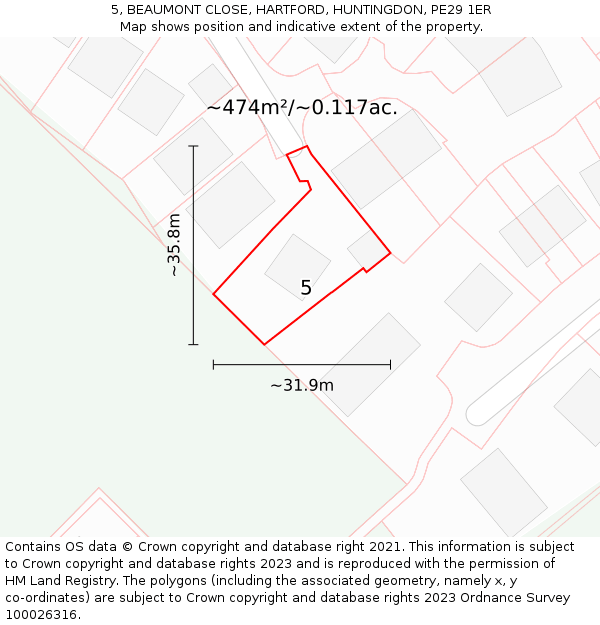 5, BEAUMONT CLOSE, HARTFORD, HUNTINGDON, PE29 1ER: Plot and title map