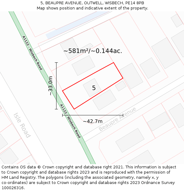 5, BEAUPRE AVENUE, OUTWELL, WISBECH, PE14 8PB: Plot and title map