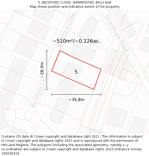 5, BECKFORD CLOSE, WARMINSTER, BA12 9LW: Plot and title map