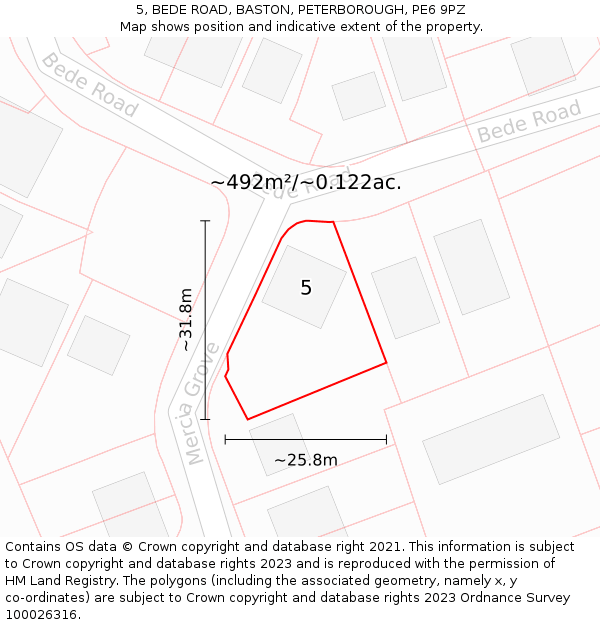 5, BEDE ROAD, BASTON, PETERBOROUGH, PE6 9PZ: Plot and title map