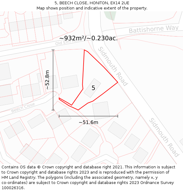 5, BEECH CLOSE, HONITON, EX14 2UE: Plot and title map