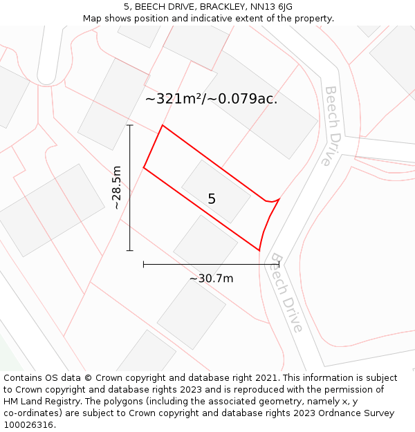 5, BEECH DRIVE, BRACKLEY, NN13 6JG: Plot and title map