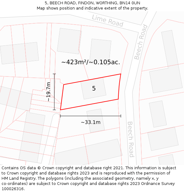 5, BEECH ROAD, FINDON, WORTHING, BN14 0UN: Plot and title map
