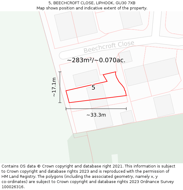 5, BEECHCROFT CLOSE, LIPHOOK, GU30 7XB: Plot and title map