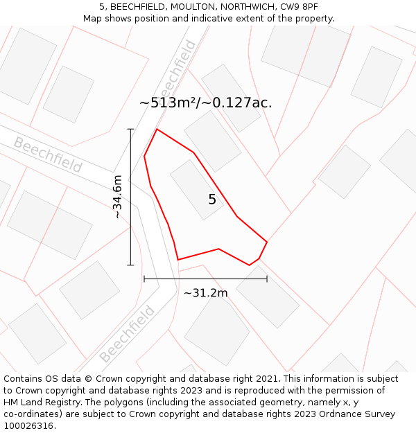 5, BEECHFIELD, MOULTON, NORTHWICH, CW9 8PF: Plot and title map