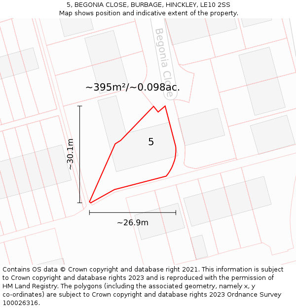 5, BEGONIA CLOSE, BURBAGE, HINCKLEY, LE10 2SS: Plot and title map