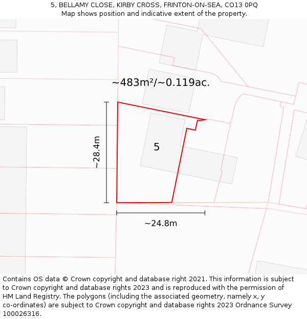 5, BELLAMY CLOSE, KIRBY CROSS, FRINTON-ON-SEA, CO13 0PQ: Plot and title map