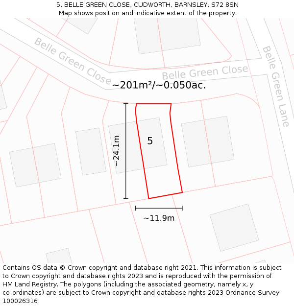 5, BELLE GREEN CLOSE, CUDWORTH, BARNSLEY, S72 8SN: Plot and title map