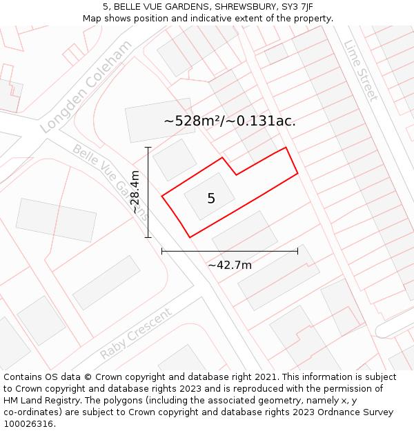 5, BELLE VUE GARDENS, SHREWSBURY, SY3 7JF: Plot and title map