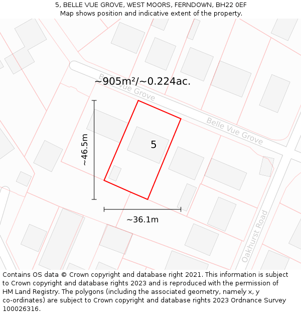 5, BELLE VUE GROVE, WEST MOORS, FERNDOWN, BH22 0EF: Plot and title map