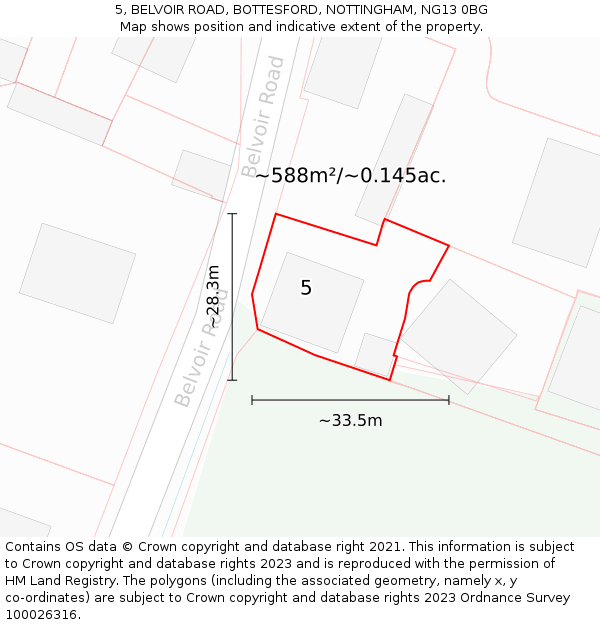 5, BELVOIR ROAD, BOTTESFORD, NOTTINGHAM, NG13 0BG: Plot and title map