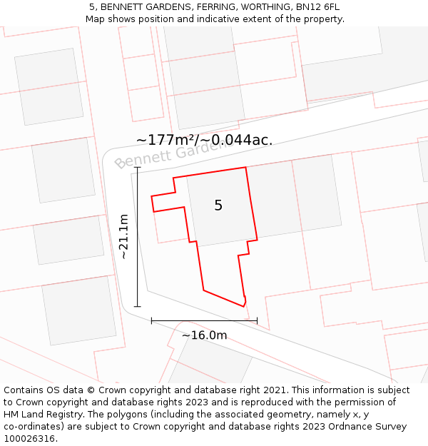 5, BENNETT GARDENS, FERRING, WORTHING, BN12 6FL: Plot and title map