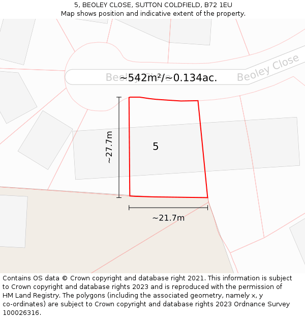 5, BEOLEY CLOSE, SUTTON COLDFIELD, B72 1EU: Plot and title map