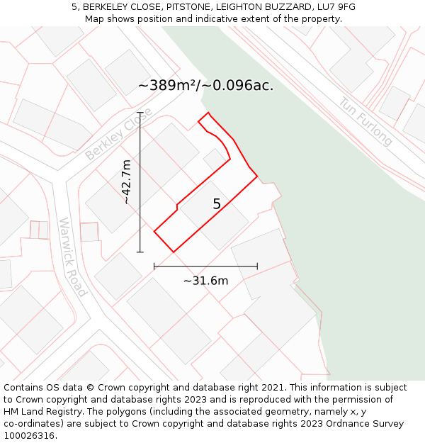 5, BERKELEY CLOSE, PITSTONE, LEIGHTON BUZZARD, LU7 9FG: Plot and title map