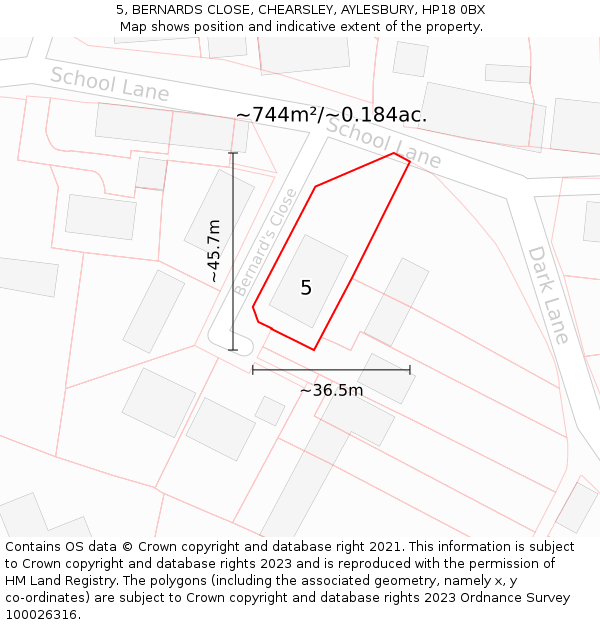 5, BERNARDS CLOSE, CHEARSLEY, AYLESBURY, HP18 0BX: Plot and title map