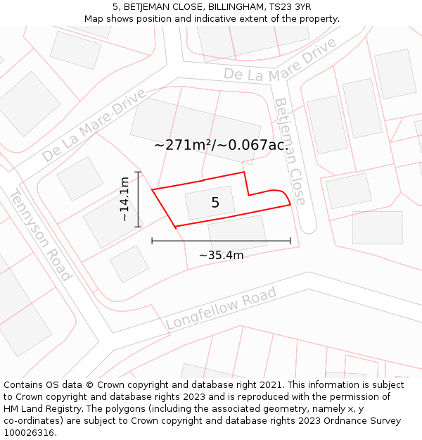 5, BETJEMAN CLOSE, BILLINGHAM, TS23 3YR: Plot and title map